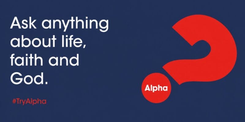 Ask anything about life, faith and God. #TryAlpha. Red question mark with Alpha.
