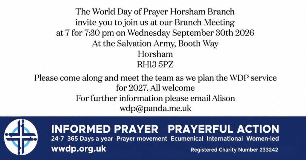 World Day of Prayer Horsham Branch meeting, 7 for 7:30 pm on Wednesday September 30th 2026, Salvation Army, Horsham