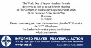 World Day of Prayer Horsham Branch meeting, 7 for 7:30 pm on Wednesday September 30th 2026, Salvation Army, Horsham