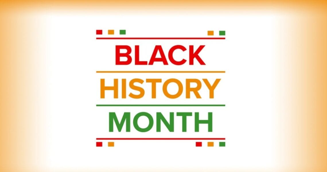 Graphic reading BLACK HISTORY MONTH in red, orange and green text