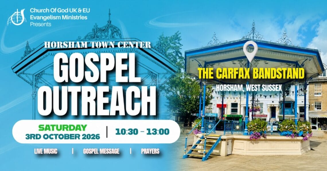 Gospel Outreach at the Carfax Bandstand, Horsham — Saturday 3rd October 2026, 10:30–13:00; live music, gospel message and prayers