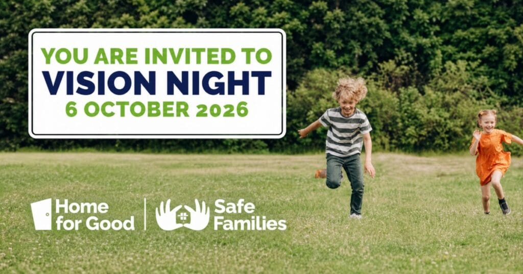 Sign reading YOU ARE INVITED TO VISION NIGHT 6 OCTOBER 2026, with two children running in a field