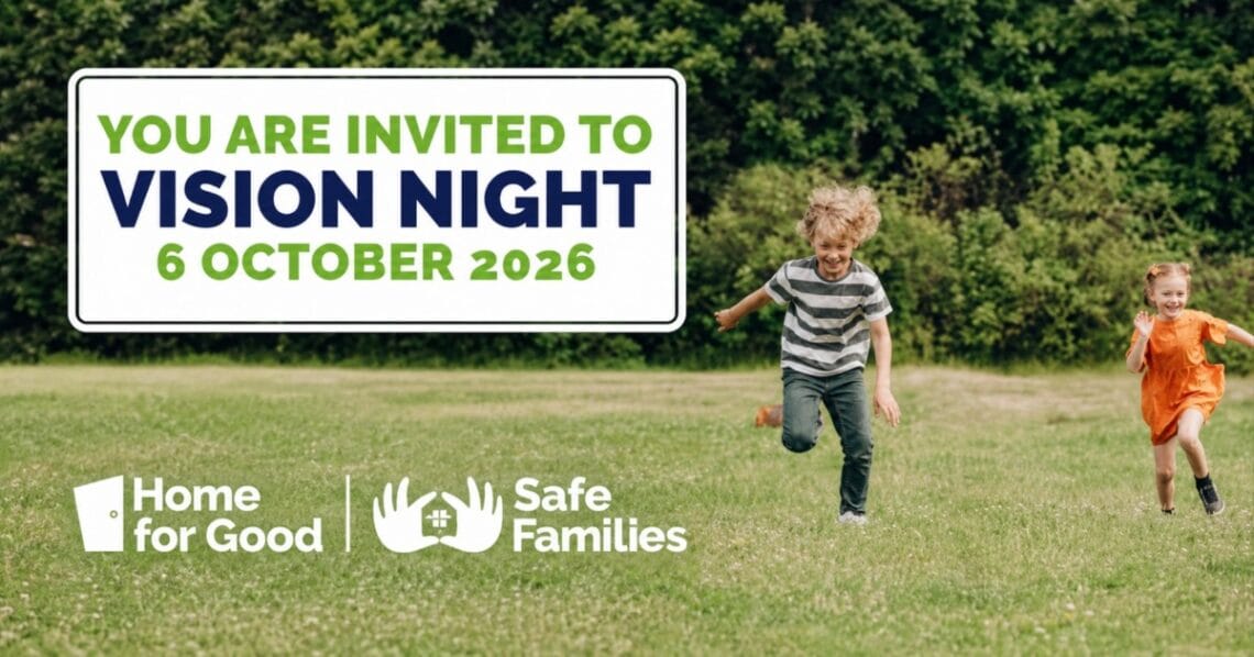 Sign reading YOU ARE INVITED TO VISION NIGHT 6 OCTOBER 2026, with two children running in a field