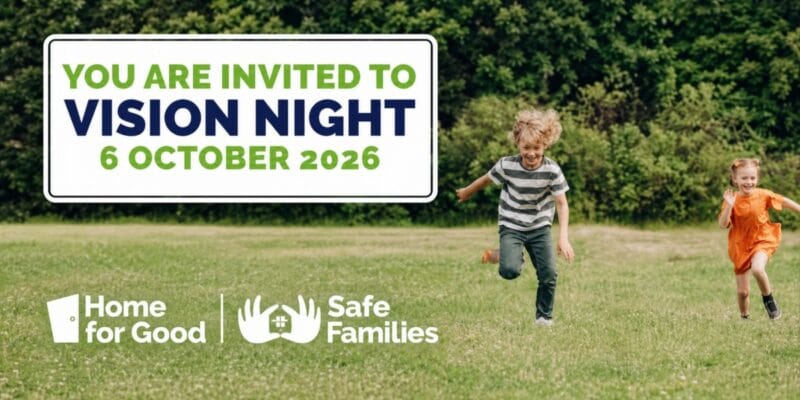 Sign reading YOU ARE INVITED TO VISION NIGHT 6 OCTOBER 2026, with two children running in a field