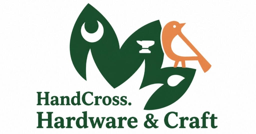 HandCross. Hardware & Craft with green leaf shapes, a white anvil, and an orange bird
