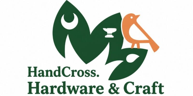 HandCross. Hardware & Craft with green leaf shapes, a white anvil, and an orange bird