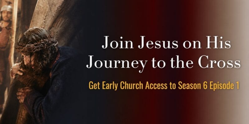 Figure with a crown of thorns carrying a cross; Join Jesus on His Journey to the Cross. Get Early Church Access to Season 6 Episode 1