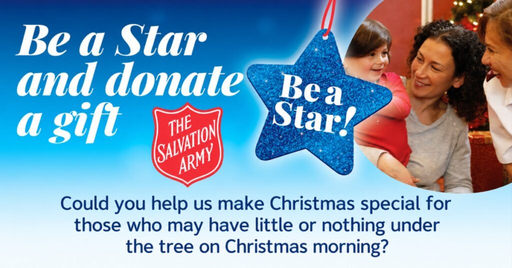 The Salvation Army poster reading “Be a Star and donate a gift” and asking for Christmas donations for those with little or nothing under the tree