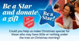 The Salvation Army poster reading “Be a Star and donate a gift” and asking for Christmas donations for those with little or nothing under the tree