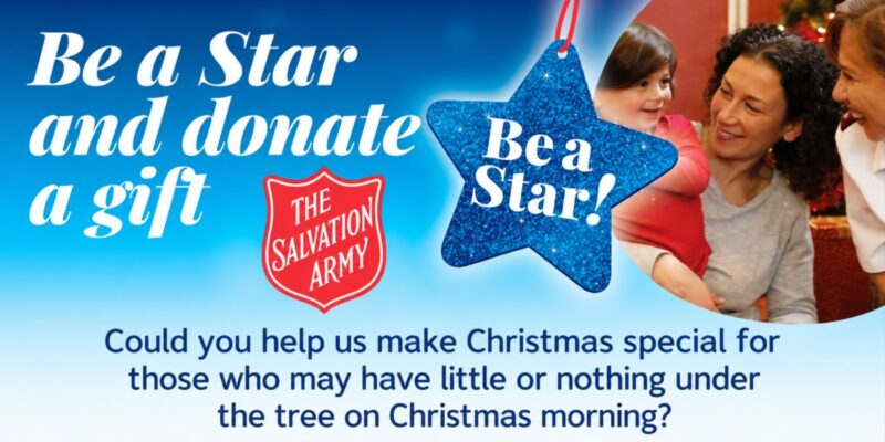 The Salvation Army poster reading “Be a Star and donate a gift” and asking for Christmas donations for those with little or nothing under the tree