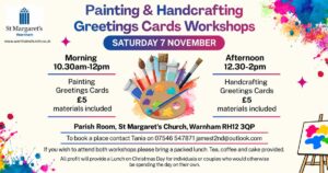 Flyer for Painting & Handcrafting Greetings Cards Workshops on Saturday 7 November, £5 each: painting 10.30am–12pm, handcrafting 12.30–2pm