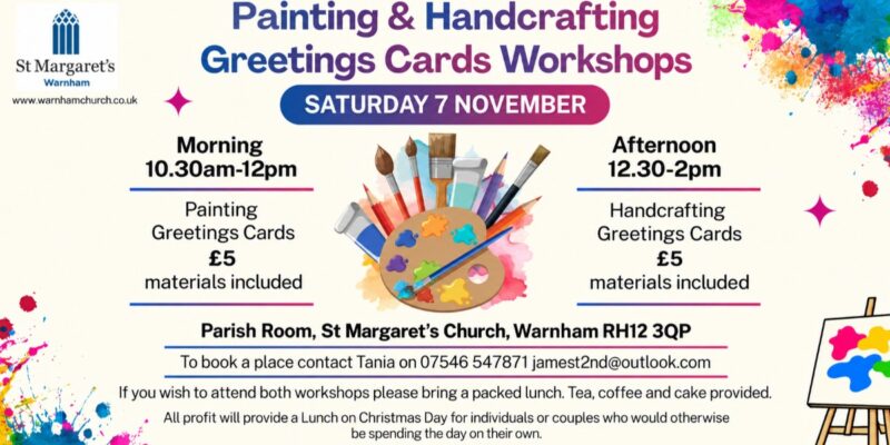 Flyer for Painting & Handcrafting Greetings Cards Workshops on Saturday 7 November, £5 each: painting 10.30am–12pm, handcrafting 12.30–2pm