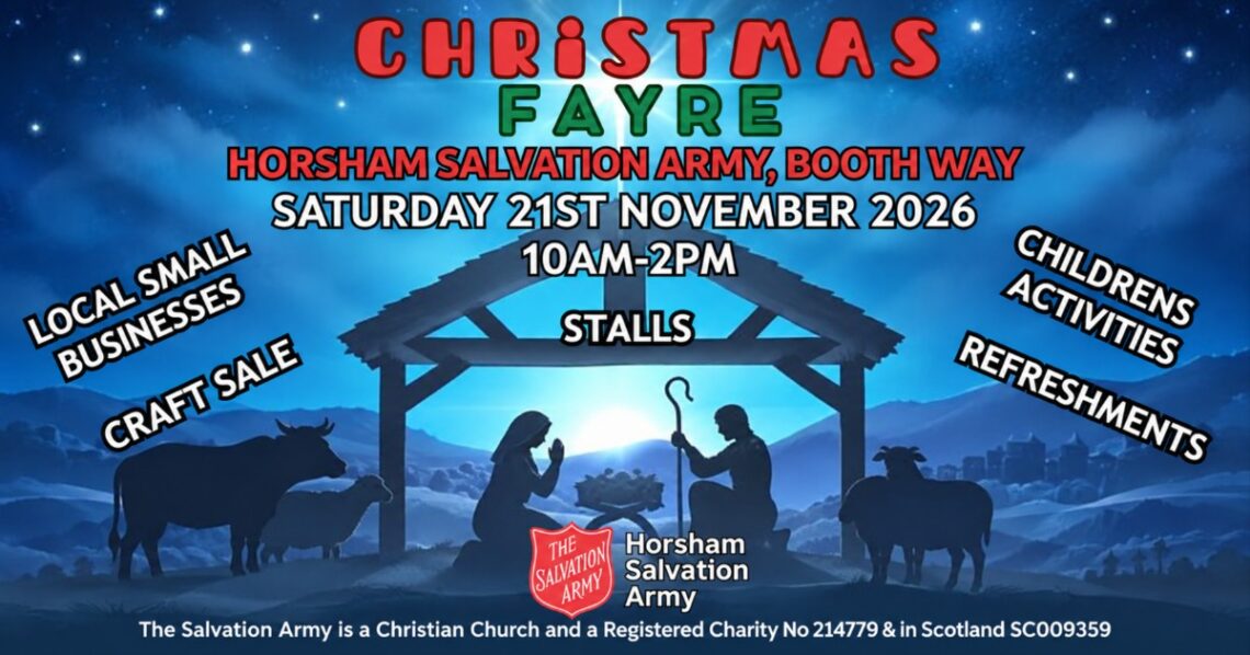 Christmas Fayre at Horsham Salvation Army, Booth Way, Saturday 21st November 2026, 10AM-2PM; stalls, craft sale and refreshments