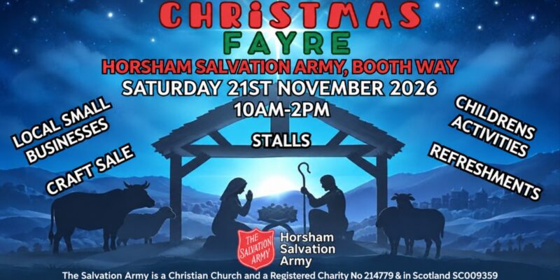 Christmas Fayre at Horsham Salvation Army, Booth Way, Saturday 21st November 2026, 10AM-2PM; stalls, craft sale and refreshments