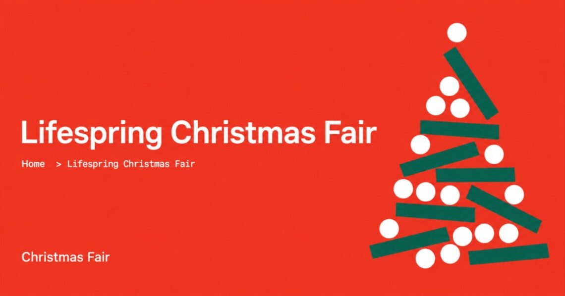 Lifespring Christmas Fair with a stylized green Christmas tree on a red background