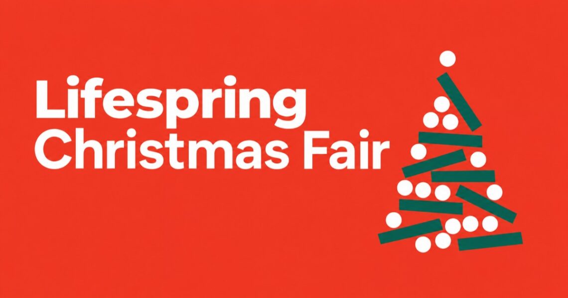 Lifespring Christmas Fair with a stylized green Christmas tree on a red background