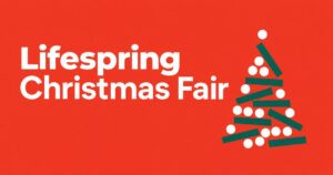 Lifespring Christmas Fair with a stylized green Christmas tree on a red background