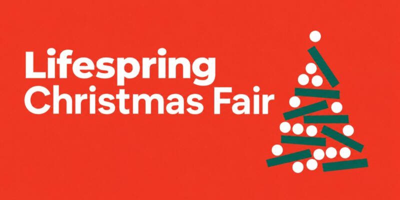 Lifespring Christmas Fair with a stylized green Christmas tree on a red background