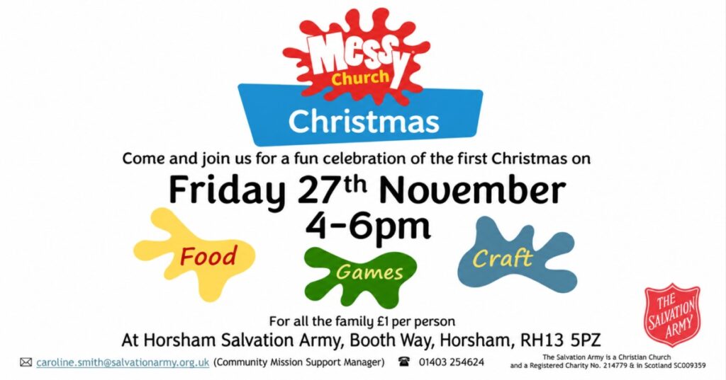 Messy Church Christmas: Friday 27th November, 4–6pm, with food, games and craft at Horsham Salvation Army