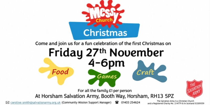 Messy Church Christmas: Friday 27th November, 4–6pm, with food, games and craft at Horsham Salvation Army