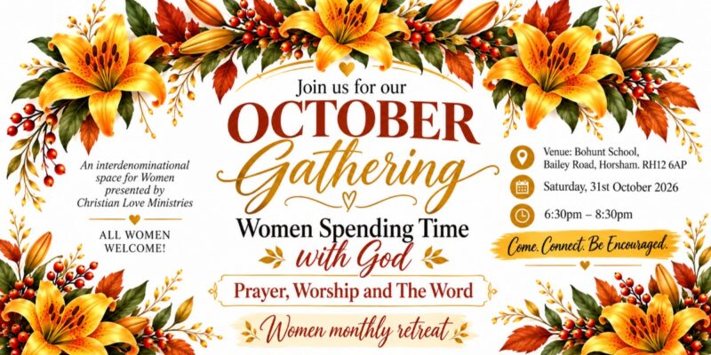 October Gathering: women’s monthly retreat for prayer, worship and the Word, 31st October 2026, 6:30–8:30pm, Bohunt School, Horsham